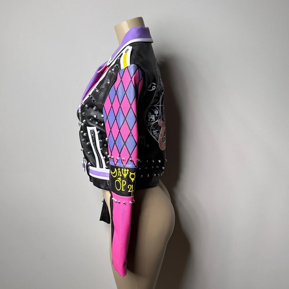 Studded Black Leather Biker Jacket with Pink & Purple Colorblock - Picture 4 of 8